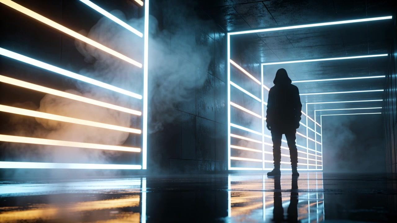 Fog drifting, hooded figure standing in studio neon corridor on reflective floor to create mood