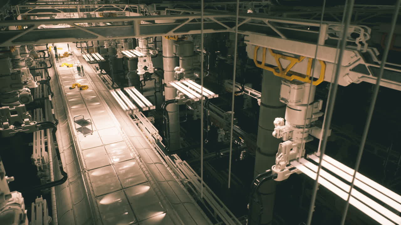 Industrial facility interior with machinery and overhead structures at night
