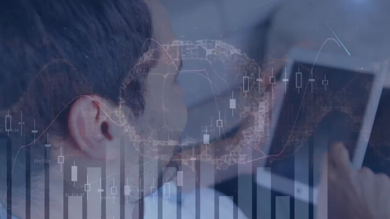 Animation of financial data and graphs moving over rotating brain and caucasian man using tablet
