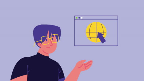 hombre apuntando a un sitio web en una pantalla de computadora
