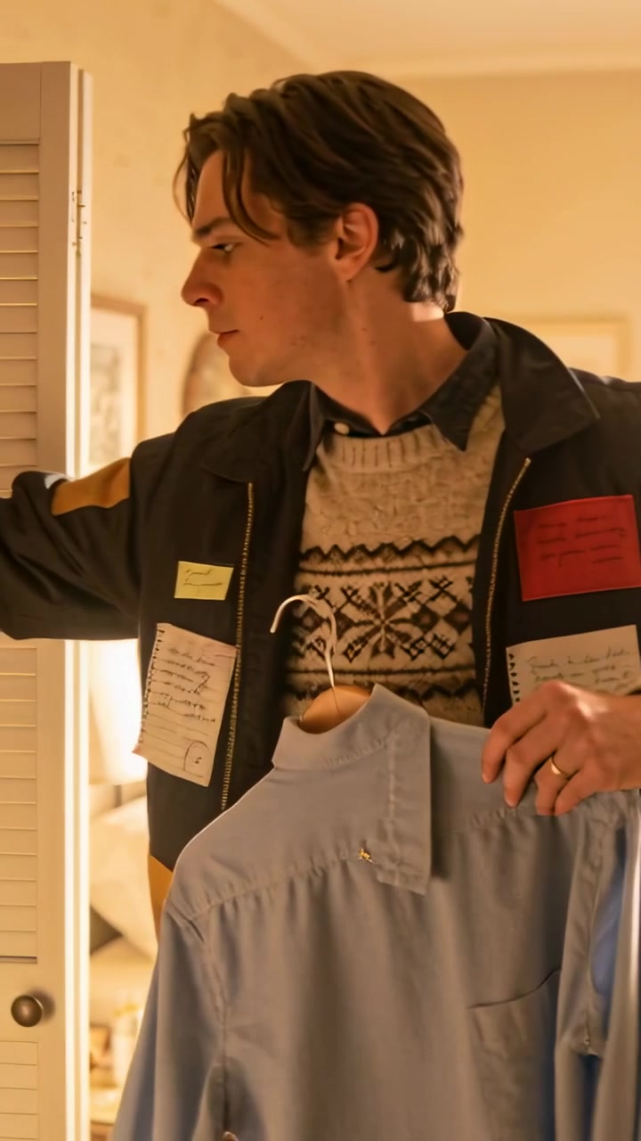 Vertical video: Pulling blue shirt, man choosing outfit and comparing jacket in bedroom, copy space