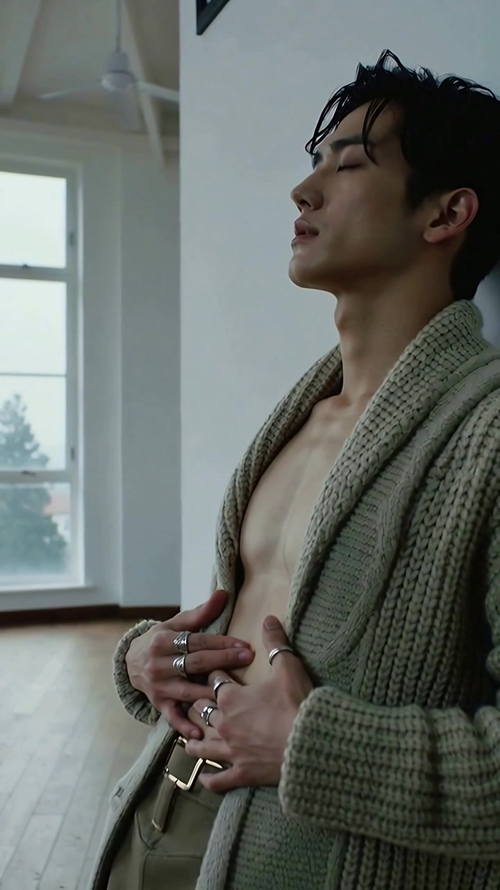 Vertical video: Placing hands on abdomen, man posing at studio window adjusting cardigan with rings