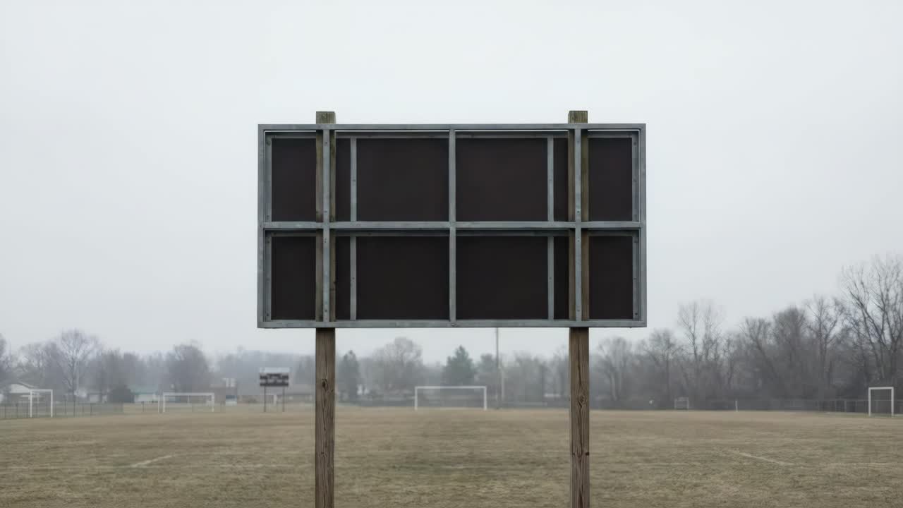 Leere Anzeigetafel auf einem ruhigen Sportplatz unter einem bewölkten Himmel