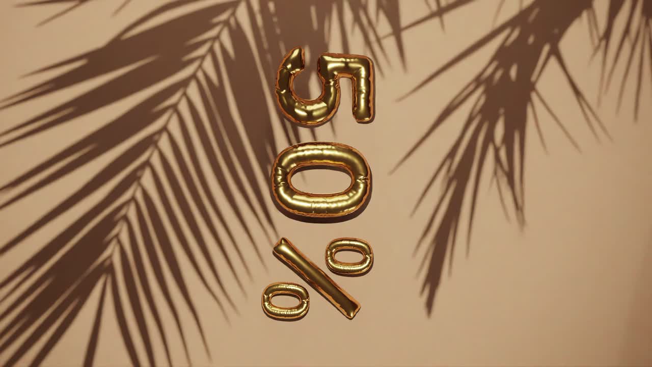 porcentaje de descuento del 50% en fondo dorado con palma brisa suave, concepto de venta de verano de vacaciones