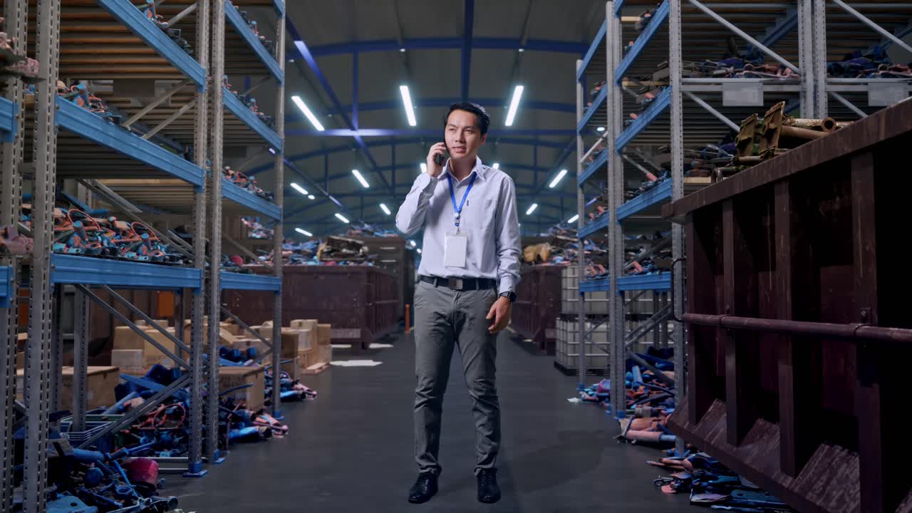Figura intera di un operaio professionista asiatico in piedi, all'interno di un magazzino industriale di rottami metallici e riciclaggio, mentre parla al telefono con qualcuno.