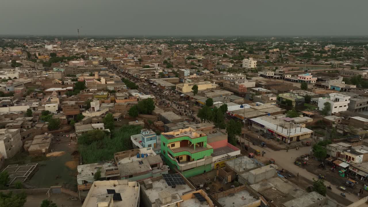 Drone shot of badin pakistan town and road