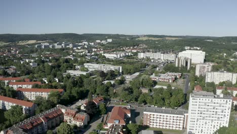 Beautiful-Drone-Shot-of-Goettingen-Old-Town-Downtown-in-soft-sunlight,-Germany,-Europe