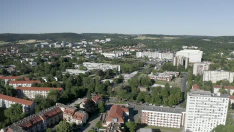 beautiful drone shot of goettingen old town downtown in soft sunlight, germany, europe