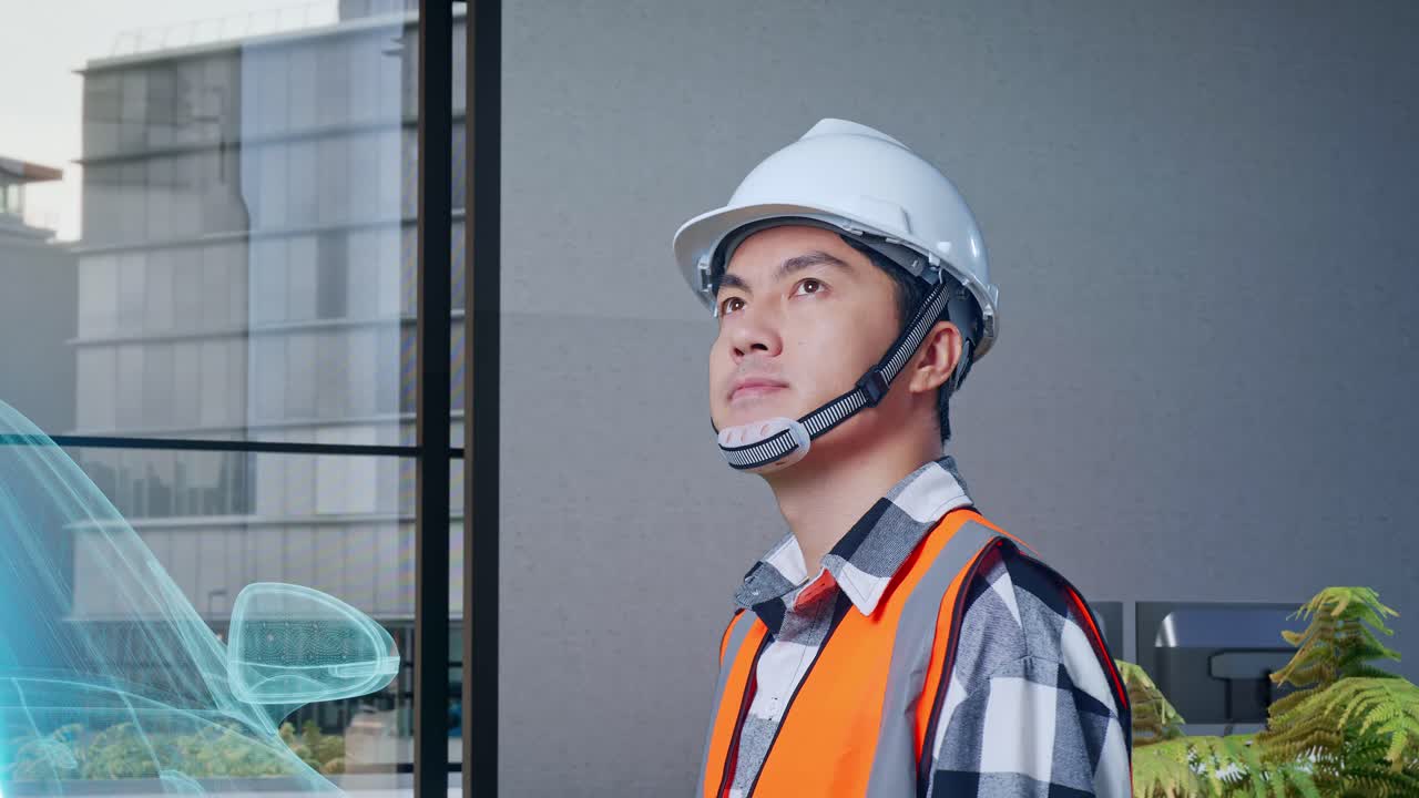 안전 헬을 입은 아시아 남성 엔지니어가 전기 차량, 첨단 산업 시설의 개념을 가지고 서서 주위를 둘러보고 있는 가까운 면.