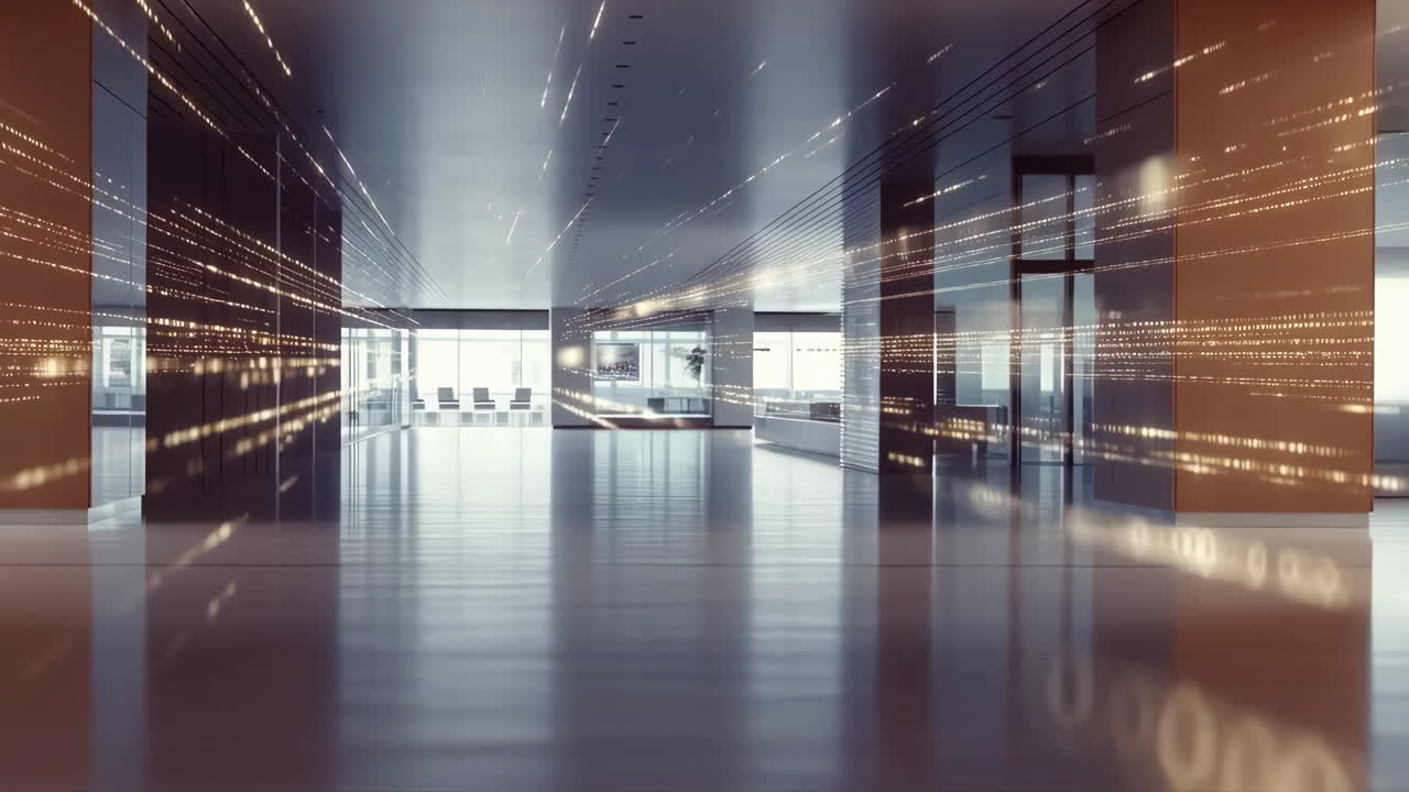 Modern Office Interior with Digital Data Stream Trails
