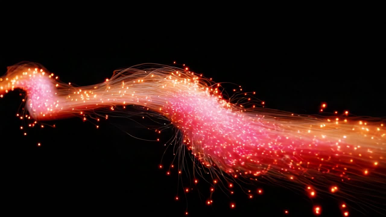 A mesmerizing flow of vibrant particles and glowing lights creates an enchanting visual spectacle, showcasing the dynamic movement and energy embodied in a stunning abstract phenomenon