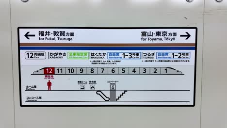 informative sign at a japanese train station platform showing boarding information for the shinkansen bullet train, including car numbers, directions, and amenities
