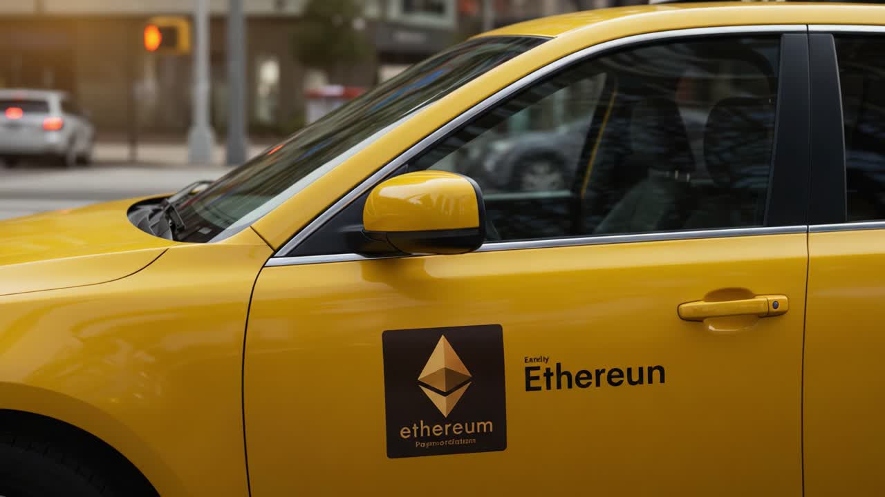 A Vibrant Yellow Taxi Featuring Ethereum Branding, Captured in Urban Traffic, Symbolizing the Intersection of Technology and Daily Commute Life in a Busy City Setting