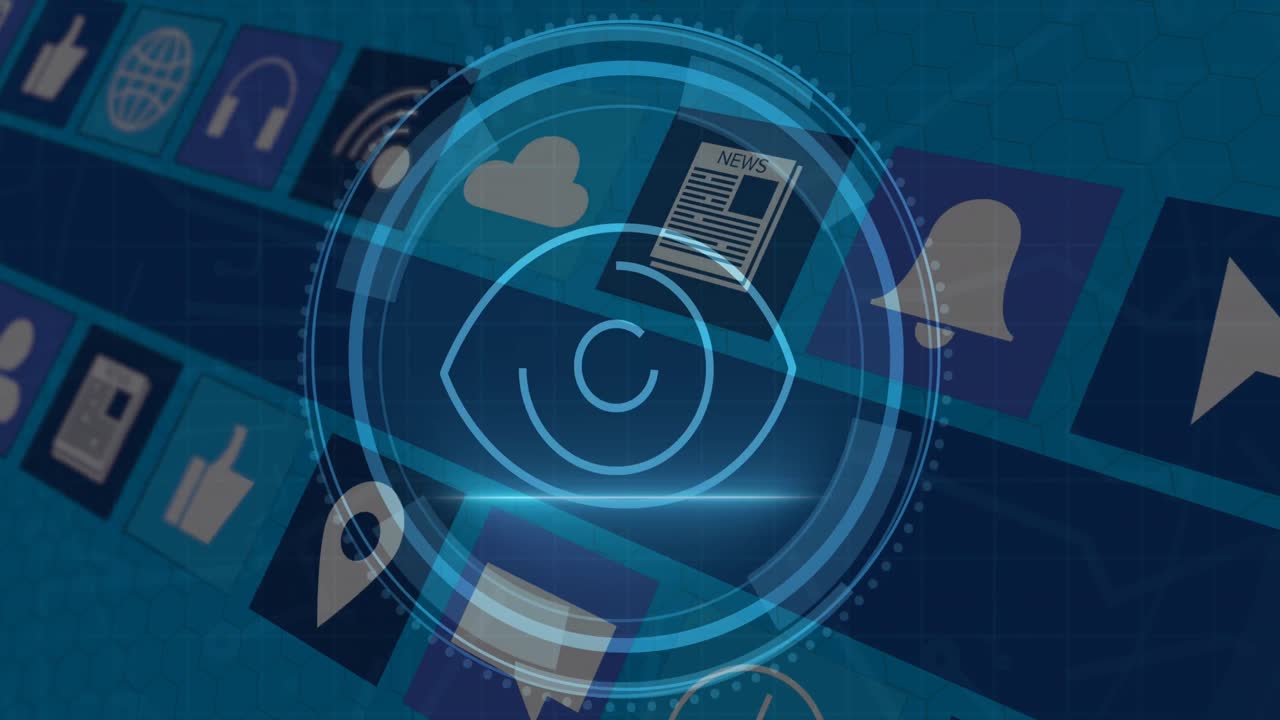 animación de seguridad cibernética y escaneo ocular en círculo sobre iconos en fondo azul