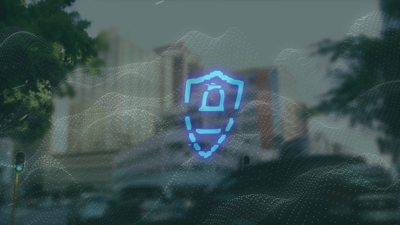 Animation of padlock in shield over cityscape