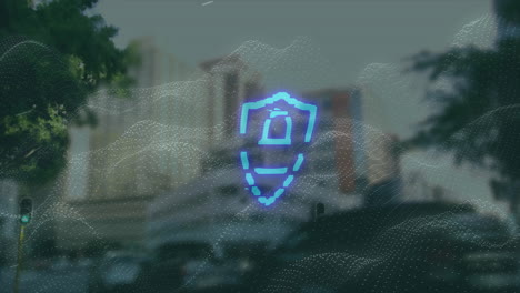 animation of padlock in shield over cityscape