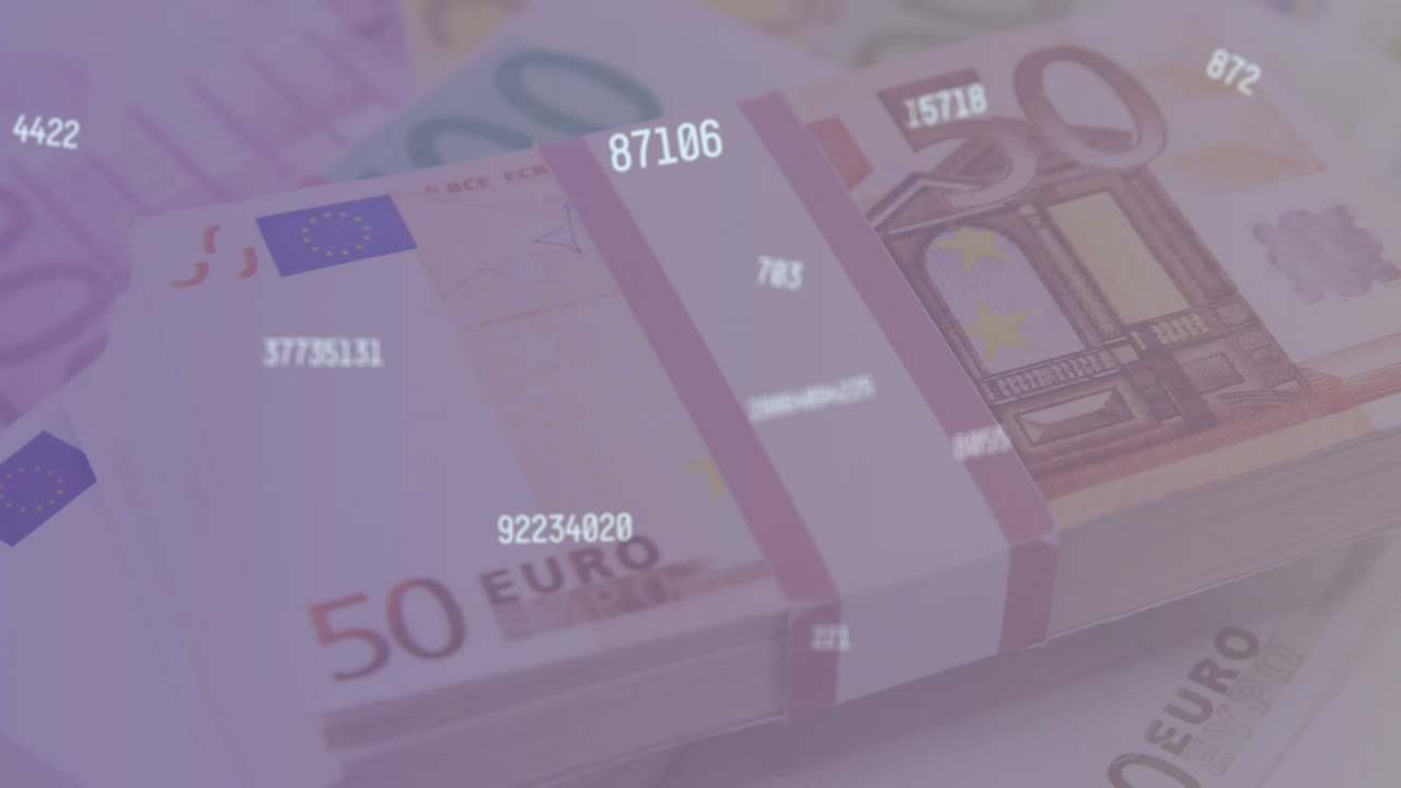 Digital komposition af flere skiftende tal mod eurosedler i baggrunden.