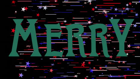 merry text animation over colorful stars and stripes on black background