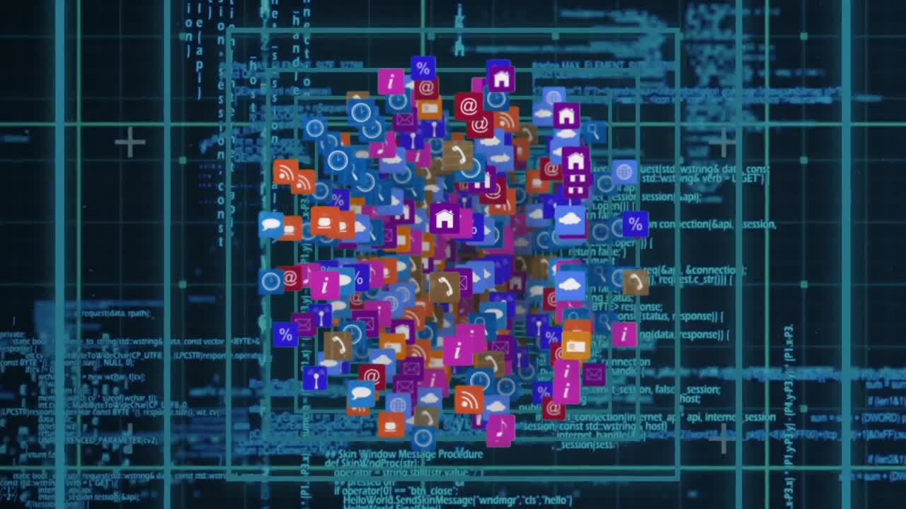 iconos en línea y de aplicaciones en cuadrados y códigos de programas
