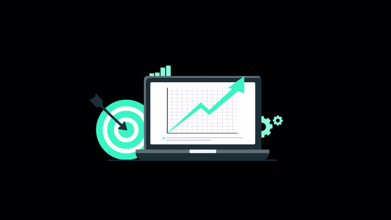 Animated Laptop Showing Business Growth Graph and Achieved Target