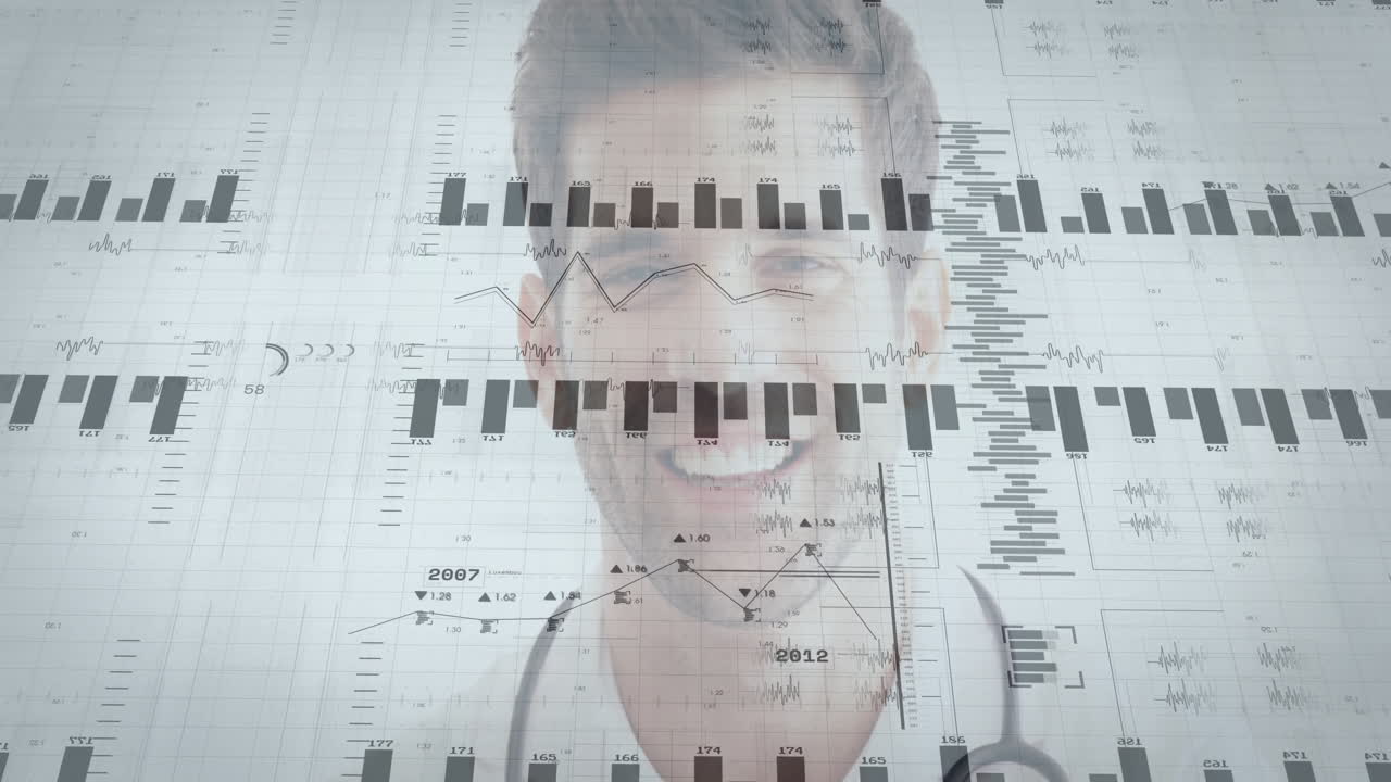 Graphs and charts animation over smiling doctor with stethoscope in hospital