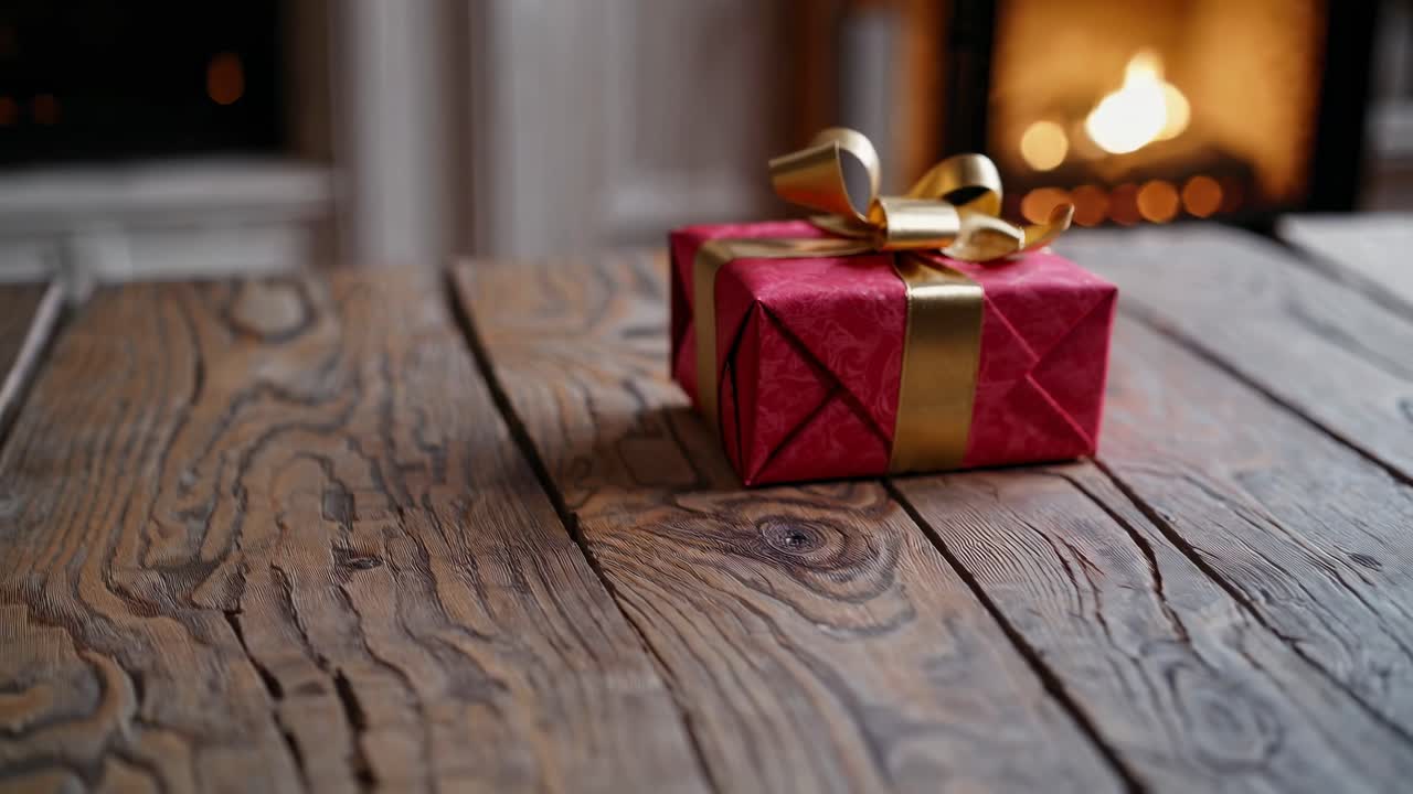 Cozy video scene with a low-angle view of a red gift box with a gold ribbon on a rustic wooden