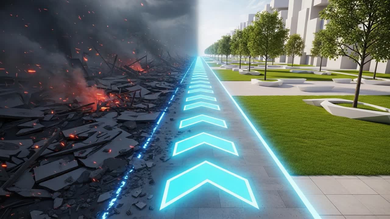 A Journey Through Transformation: A Striking Contrast Between Destruction and Renewal Depicted in a Futuristic Landscape Shift