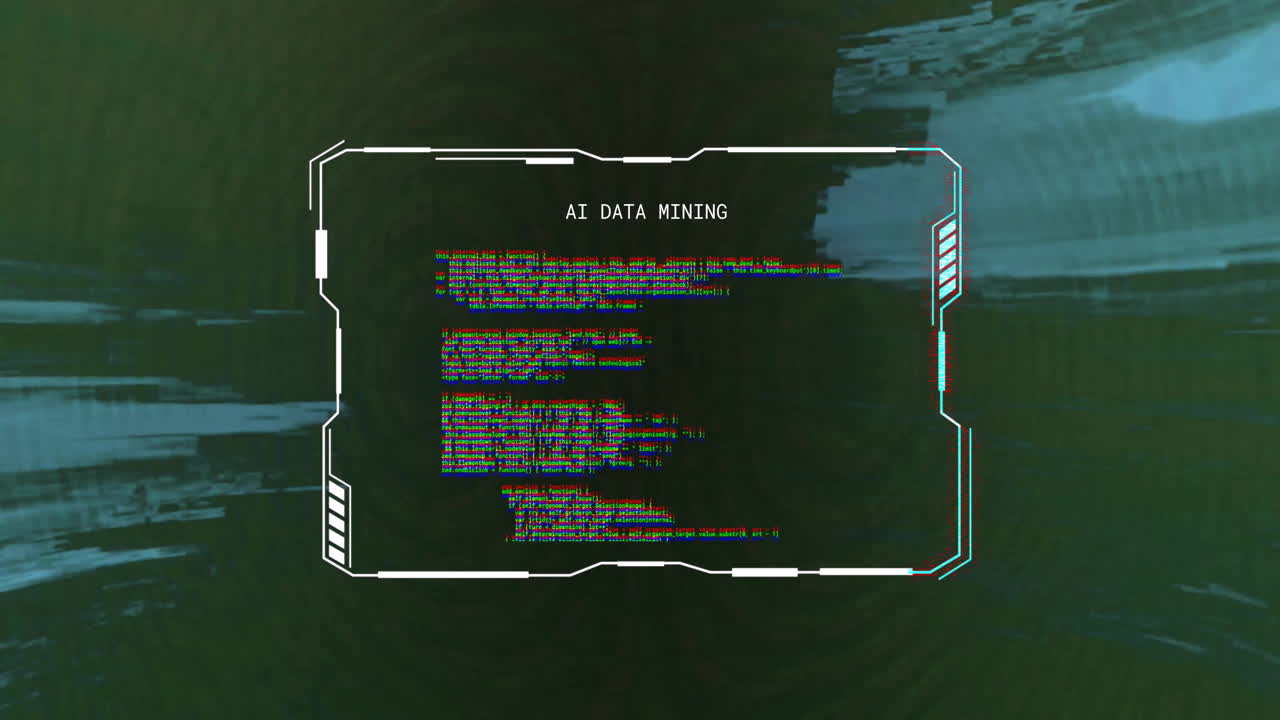 데이터 마이닝 및 어두운 배경에 파란 빛의 고장난 인터페이스의 애니메이션