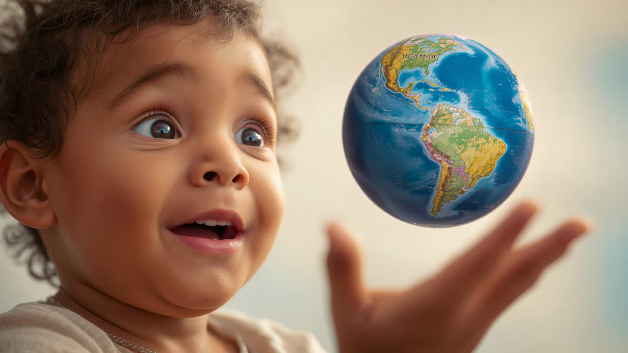 Reacting to hovering globe above palm, toddler in light top tracking, balancing in studio curious