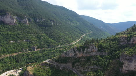 Coniferous-forest-on-mountains-canyon-gorges-du-tarn-France-aerial-shot-sunny