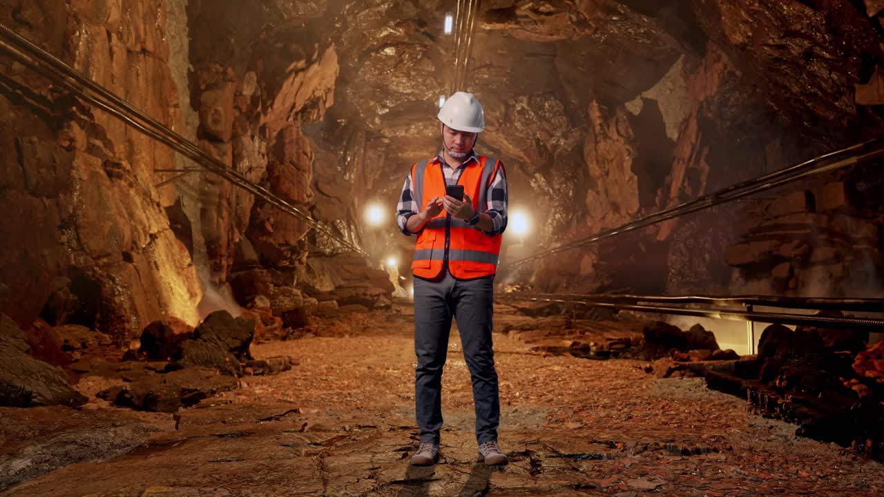 Full Body Of Asian Male Engineer With Safety Helmet Using Smartphone While Standing In Underground Mine Tunnel