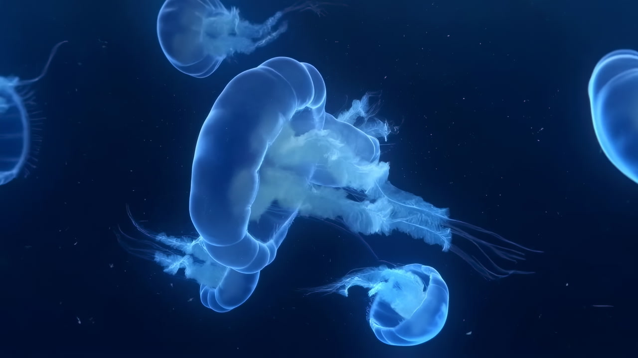Ethereal Jellyfish Swarm In Twilight Ocean, Graceful Bells Undulating With Trailing Tentacles, Soft Blue