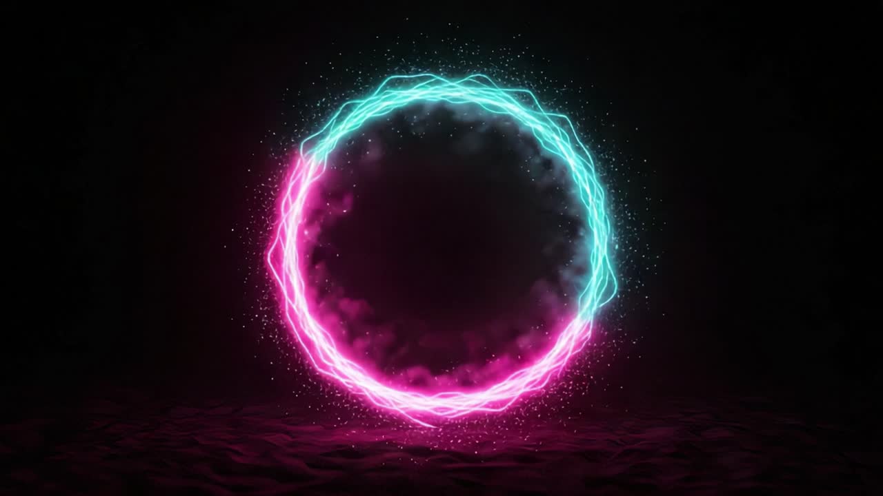 A Vibrant Energy Portal with Pulsating Pink and Cyan Light Surrounded by Sparkling Particles Against a Dark Background, Creating a Mystical Atmosphere