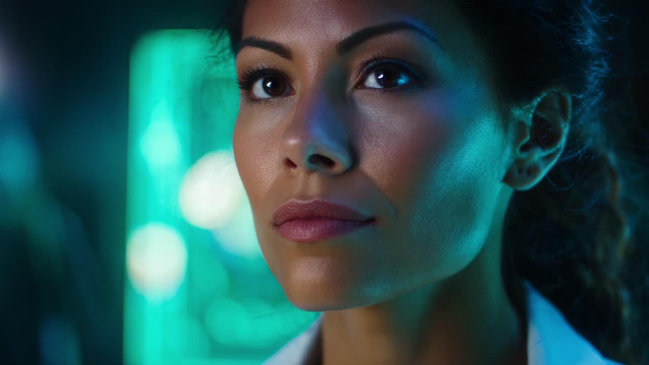 A focused individual with an intense gaze, embodying determination and clarity, stands against a captivating futuristic backdrop, highlighting resilience, intellect, and an unwavering pursuit of knowledge