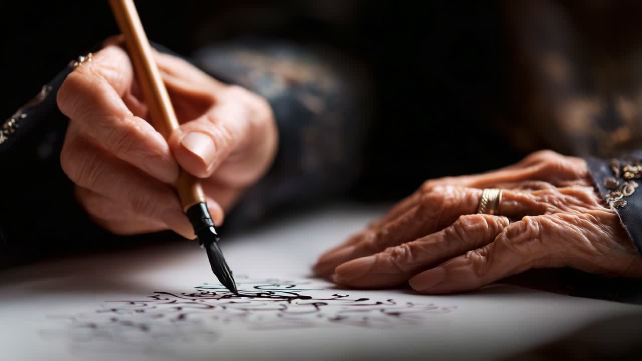 An Elderly Artist's Passion: Capturing the Intricate Beauty of Calligraphy Through the Graceful Movement of Hands and Ink on Paper in a Serene Setting