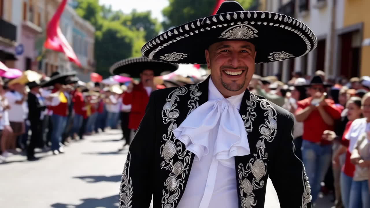 Mann im traditionellen Mariachi-Charro-Anzug bei einer Straßenparade
