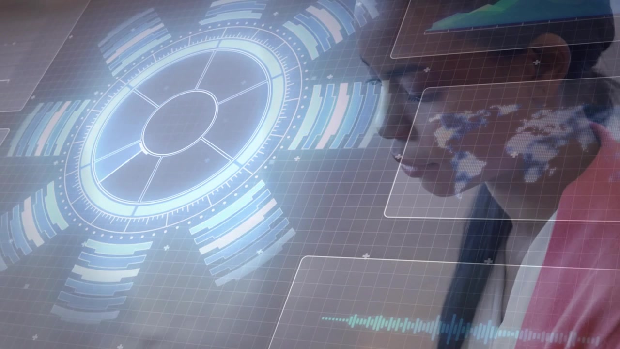 Male tapping tablet with right hand, revealing circular HUD and panels while analyzing world map