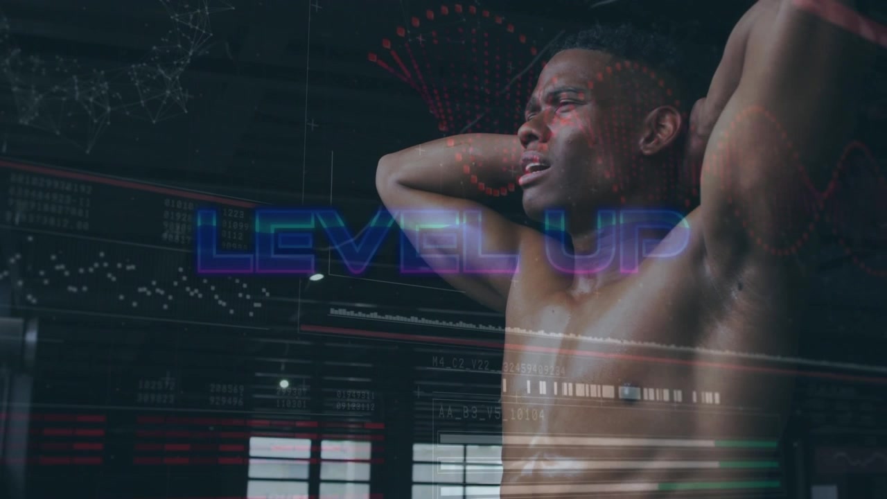 Animazione del testo "level up" con dati, su sfondo di un giovane uomo africano a torso nudo che si allena in palestra