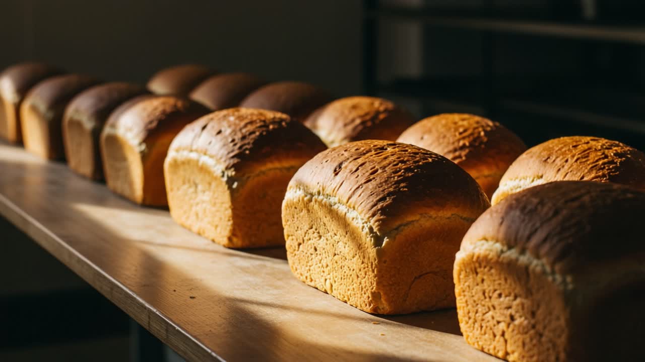 Freshly Baked Bread Loaves on a Wooden Surface, Showcasing Their Golden Brown Crusts Illuminated by Natural Light, Perfect for Culinary Delight and Enjoyment