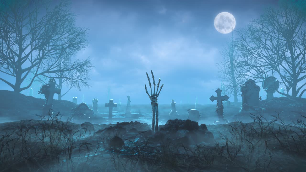 골격 팔은 묘지의 달의 배경에 밤에 땅 밖으로 기어