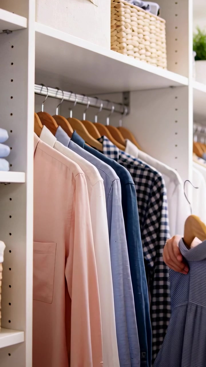 Video verticale: Mano che si allunga e tira una camicia blu dalle grucce nell'armadio, controllando e sistemando le camicie.