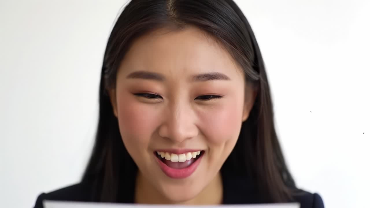 A woman smiles with excitement as she reads her promotion letter in a modern office. Her joyful expression reflects her achievement and career progression.