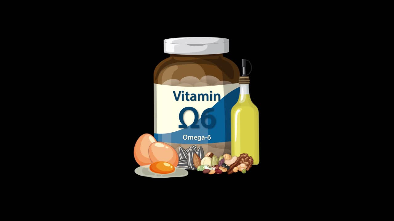 Omega-6 supplement bottle appears with eggs, nuts, and oil on black background, smooth transitions