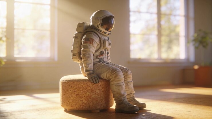 Reacting to sunlight astronaut sitting up turning head moving hand on ottoman at home with backpack