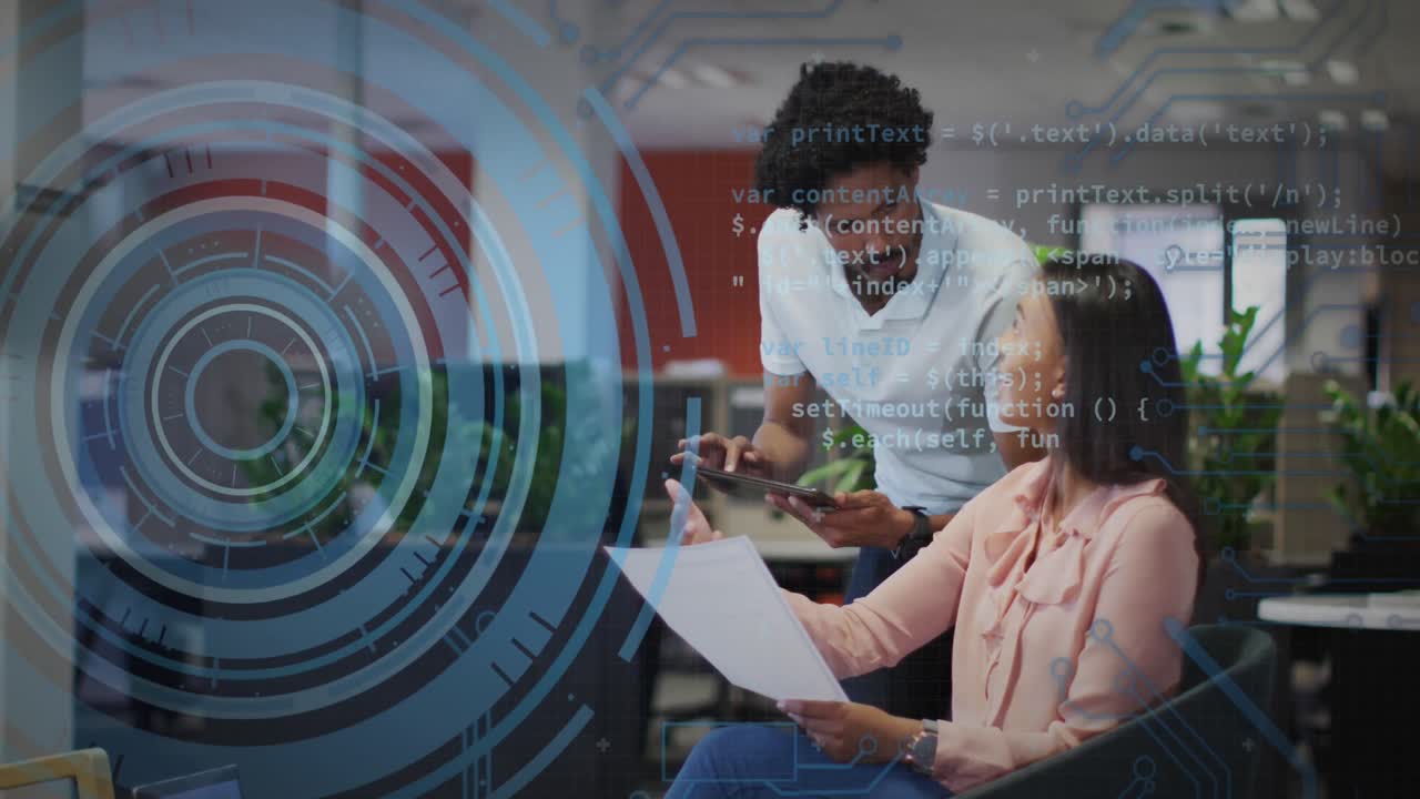 Animation of scope and data processing over diverse business people in office