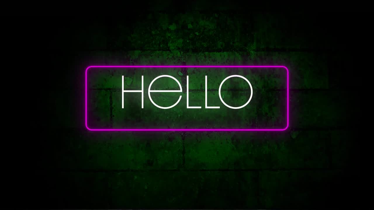 Digital animation of hello text in neon rectangle frame against green brick wall in background