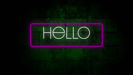 Digital-animation-of-hello-text-in-neon-rectangle-frame-against-green-brick-wall-in-background