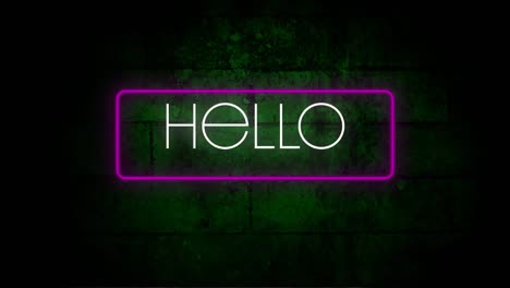 animación digital del texto de saludo en marco rectangular de neón contra una pared de ladrillo verde en el fondo