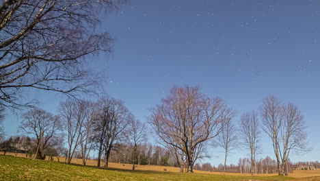 timelapse de estrelas se movendo através do céu azul acima de um parque coberto de grama no outono