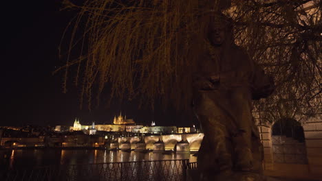 The-Prague-Castle-and-Charles-bridge-over-river-Vltava-in-the-historical-centre-of-Prague,Czechia,lit-by-lights-at-night,shot-from-under-a-statue-of-a-king-and-a-tree-on-the-other-side-of-the-river